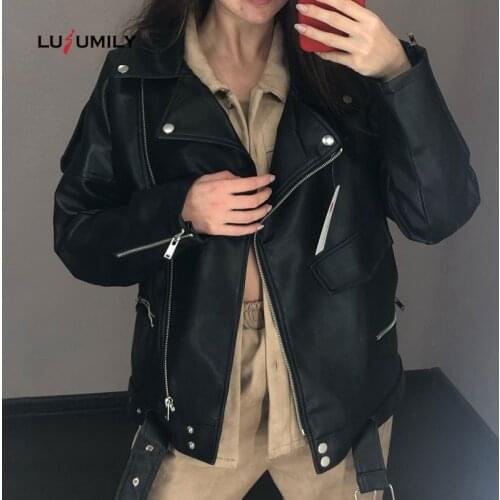 Lusumily Women Faux Leather Jacket Motorcycle Biker Coat Lapel Soft Leather Jackets Female Zipper Belt Coats Loose Punk Outwear