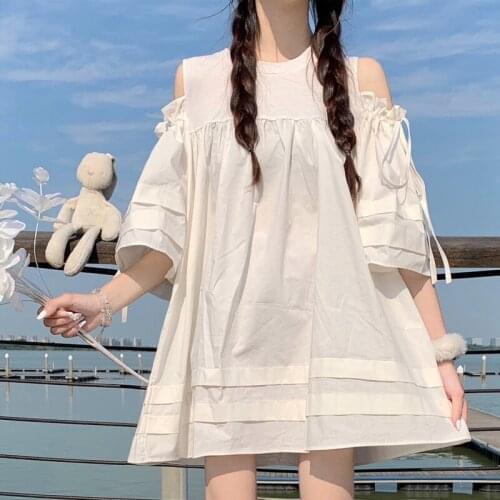 Summer Dress Women 2021 Loose Off Shoulder A Line Short Sleeve Stitching White Midi Dresses Vestido Sweet Girly Style Sundresses