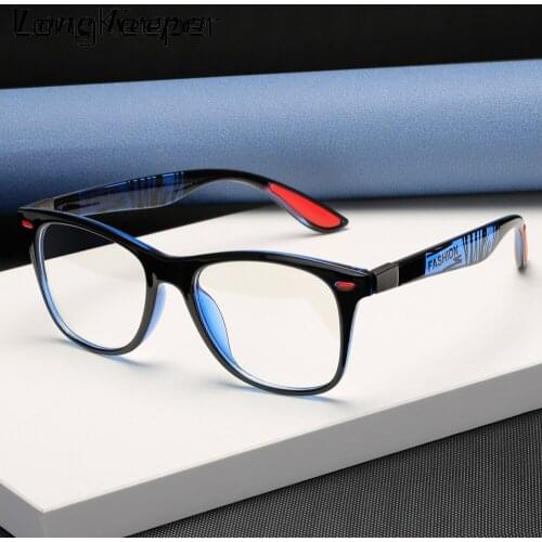 LongKeeper Men Anti Blue Light Glasses 2021 Fashion Rivet Square Eyeglasses Frame Women Blue Pink Clear Lens Computer Eyewear