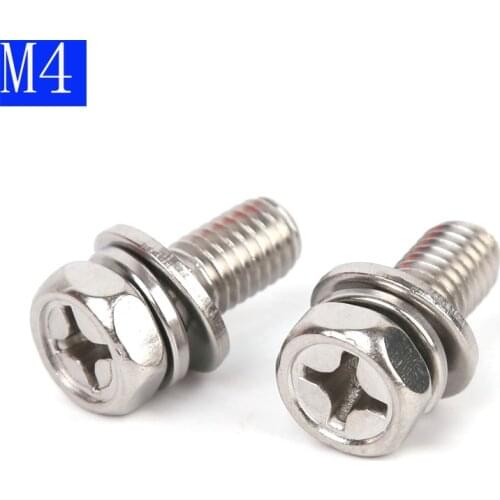 M4 - 0.7 4mm Cross Recessed Hex Bolt Indentation,Lock Washer &Plain Washer Assemblies