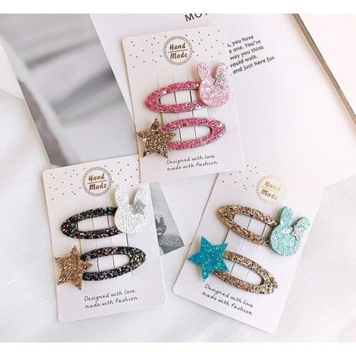 Boutique ins 12Sets Fashion Cute Glitter Rabbit Snap Clips Solid Star Bunny Barrettes Princess Headwear Hair Accessories