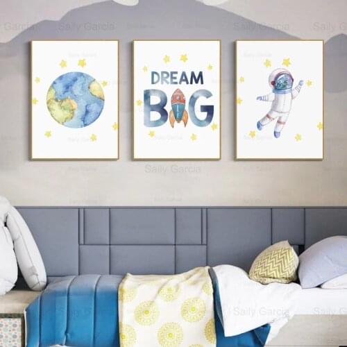 Cartoon Astronaut Art Wallpaper Travel Space Planet Canvas Painting Craft Poster Print Picture Home Kids Room Decoration Nursery