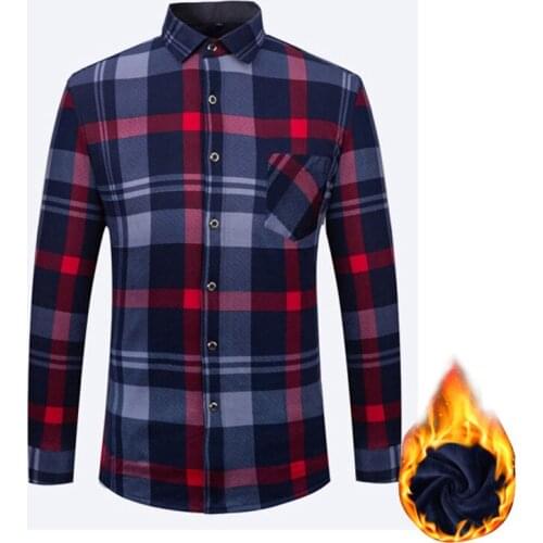 Mens Red Flannel Plaid Cotton Shirt Long Sleeve Checkered Casual Slim Fit Winter Warm Fleece Shirts for Men Button Up Shirt 4XL