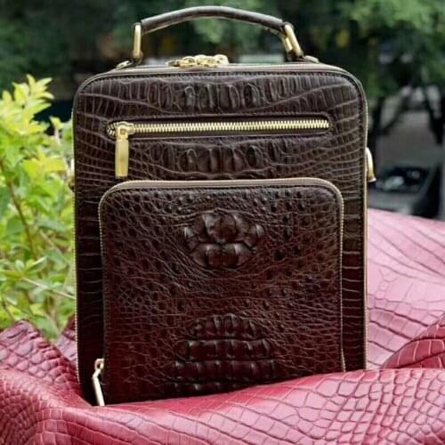 2018 new 100% genuine real crocodile leather head skin men shoulder cross body bag with top handle zippers closure brown black