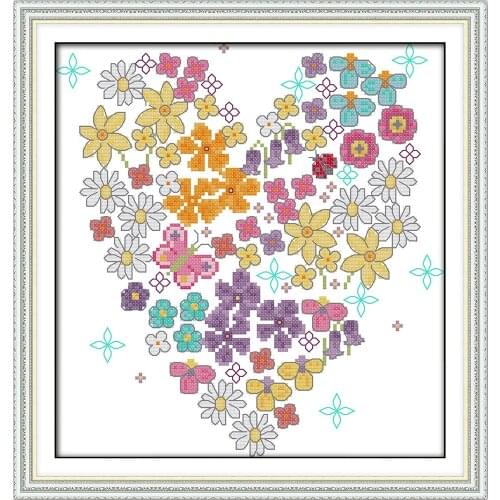 Heart-shaped flowers cross stitch kit floral Aida count 18ct 14ct 11ct print embroidery DIY handmade needlework supplies bag