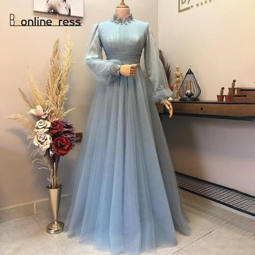 Sky Blue Evening Dresses Beaded Formal Gown Arab Dubai Muslim Long Sleeves Moroccan High Waist Prom Dress Women Evening Dresses