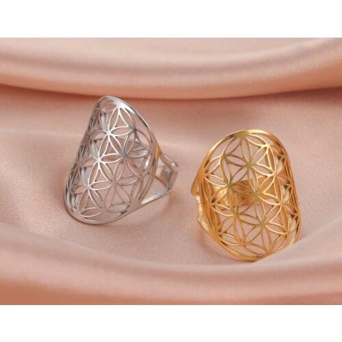Skyrim Stainless Steel Adjustable Flower of Life Rings for Women Girls Gold Color Viking Vintage Jewelry Amulet Rings Gifts 2021