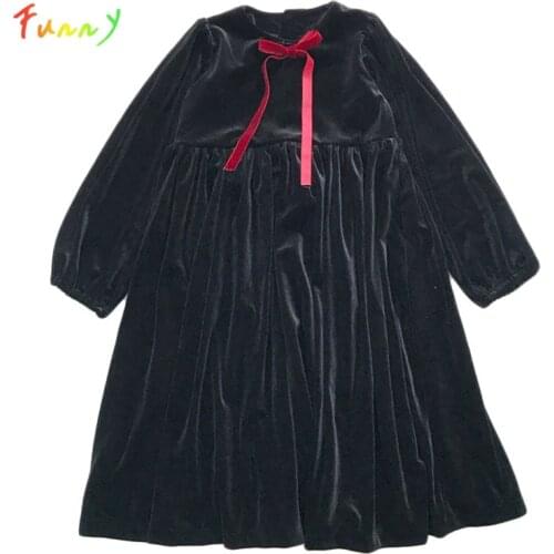 4 to 14 Years Kids & Teenager Autumn Winter Dress Girl Velvet Long Sleeve Midi Dresses Bow Black Girls Christmas Dress Clothes