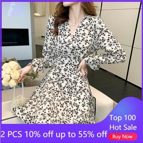 Autumn Long Sleeve Elegant Chiffon Floral Dress For Women High Waist-Tight Slimming Mid-Length Dress