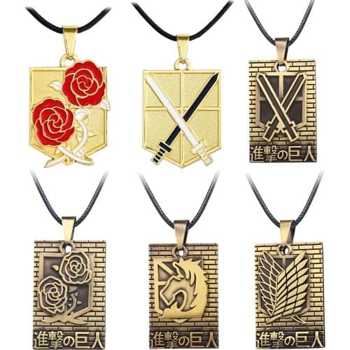 Anime Attack on Titan Necklace For Men Shingeki no Kyojin Roses badge Pendant Necklace Women Fashion Jewelry Rope Chain kolye