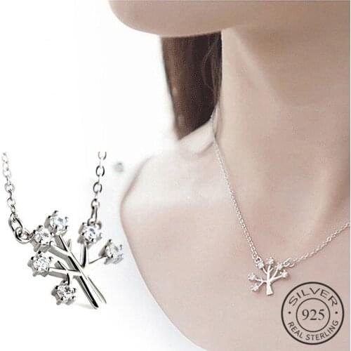 Cute Zircon Wishing Tree Plant Pendant Necklace Authentic 925 Sterling Silver Ethic Fine Jewelry For Women Accessories