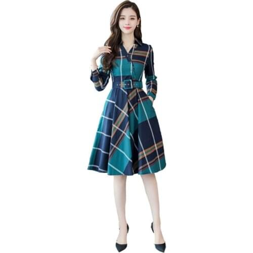 Summer Dress Women Plaid Print Long Sleeve Turn-down Collar Belt Pockets Fashion Midi Dress robe femme платье летнее женское2021