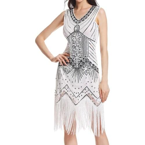 Plus Size Vintage1920s Arc Deco Great Gatsby Sequin Dresses with Sleeveless 20s Long Fringed Beaded Dress for Women 4XL