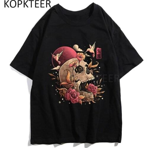 Harajuku Flower Skull T-shirts Life and Death Print T Shirt Men Women Aesthetic Vintage Hip Hop Streetwear T-shirts Tops Tees