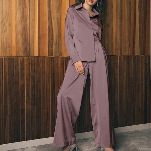 Spring Stain 2 Pieces Long Sleeve Womens Suit Elegant Female Tops And Wide Leg Pants Sets 2021 Home Wear Solid Loose Lady Set