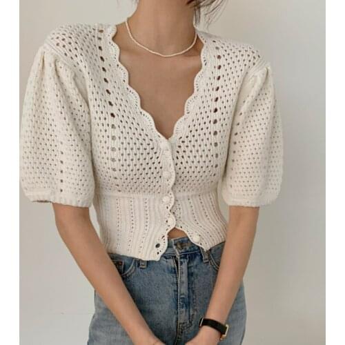 2021 Summer Knitted Crop Tops Sexy V-neck Korean Sweater T-Shirt Women Casual Jumper Tees Short Sleeve Hollow Out T Shirts T003