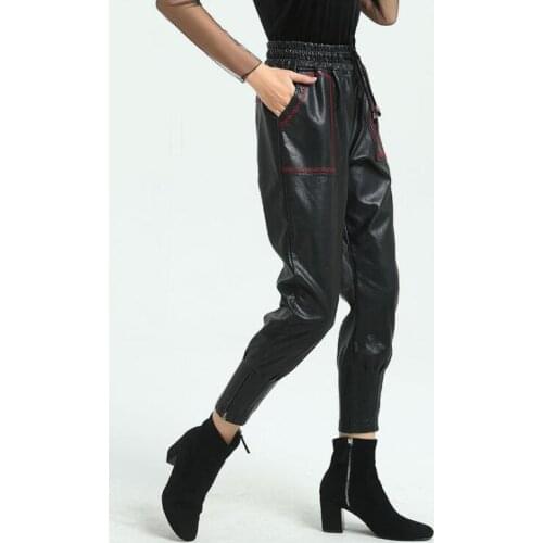 Autumn winter fashion High waist faux leather pants womens feet pants Plus velvet Elastic waist pu trousers women personality