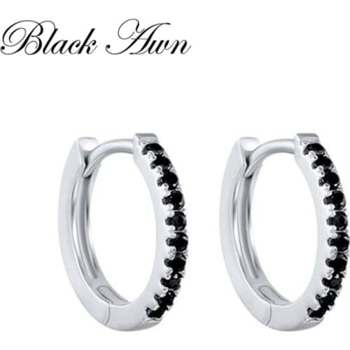 Black Awn Classic 925 Sterling Silver Round Black Trendy Spinel Engagement Hoop Earrings for Women Fine Jewelry Bijoux I163