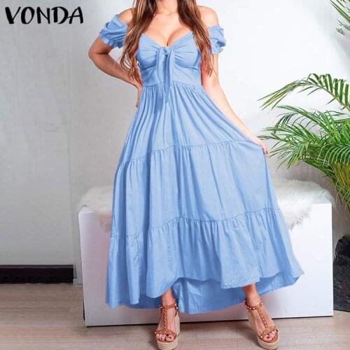 Women Off Shoulder Long Maxi Dress 2021 VONDA Bohemian Sundress Vintage Pleated Ruffled Party Vestido Oversized Drsss Robe Femme
