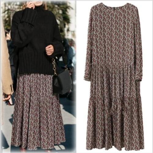 Plus Size 4XL O-Neck Women Print Flowers Shirt Dress Fall Fashion Vintage Long Sleeves Good Quality Female Dress CL68
