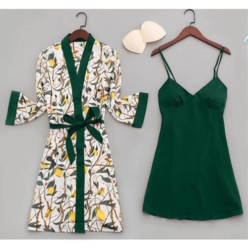 2020 Women Satin Sleepwear Robe Sexy Silk Robe Gown Set Sleep Home Indoor Clothing Ladies Nightwear Nightdress With Chest Pads