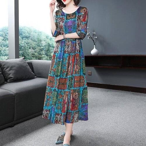 2021 New Spring Summer Women Silk Dresses Womens Fashion Loose O-Neck Print Flower Dress Plus Size 5XL Long Vestidos B174
