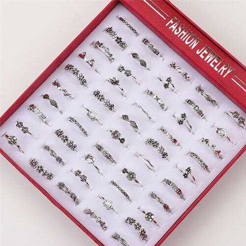50pcs/set Vintage Metal Silver Plated Flower Style Finger Jewelry Rings For Women With Box