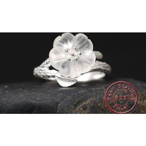 Amxiu 2019 New Arrival Natural Crystal Flower Ring Jewelry 925 Sterling Silver Open Rings For Women Girls Wedding Accessories