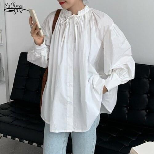 Long Sleeve Cotton Girls Blouse Chic Baroque Lace-up Lantern Sleeve Ultra-loose Shirt Femme Casual White Top Women Blouse 12299
