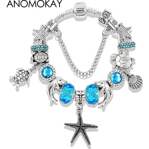 European Ocean Beach Seashell Turtle Dolphin Bead Bracelet Blue Crystal Charm Bracelets & Bangles Pulseira Feminina