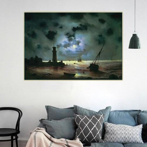 Citon Ivan Aivazovsky《Sea coast at night.Near the beacon》Canvas Art Oil Painting Art Picture Wall Decor Home Interior Decoration