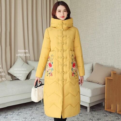 X-long Winter Jackets Womens Hooded Floral Print Loose Woman Parkas Chinese Style Stand Collar Thick Plus Size Female Cold Coat