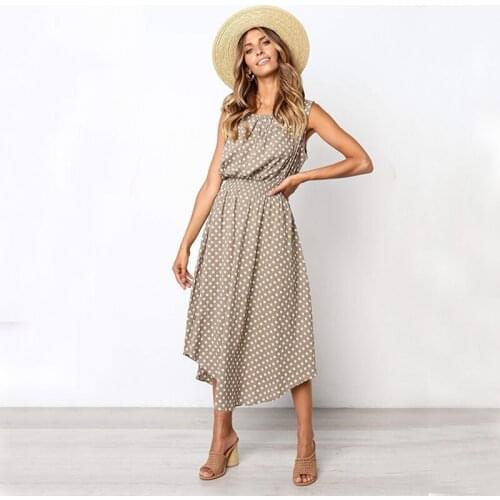EFINNY Fashion Print Polka Dot Round Neck Women Dresses Bohemian Sleeveless Print Summer Casual Dress