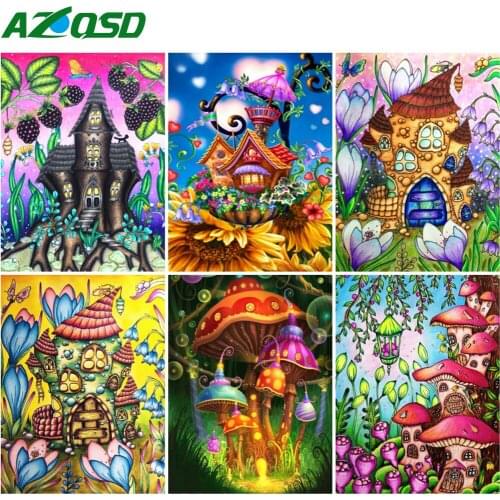 AZQSD 5D Diamond Embroidery House Cartoon Cross Stitch Needlework Diamond Painting Landscape Picture Of Rhinestones Home Decor