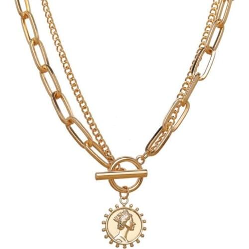 Portrait Pendant Necklace for Women Gold Color Coin Thick Clavicle Chain Necklace Gothic Vintage Collier Collares Jewelry