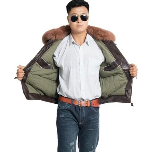 Winter Men Cotton Padded Warm Pilot Jacket Wool Fur Collar Coat Cowhide Genuine Leather Jacket Motorcycle Windproof Overcoat 6XL