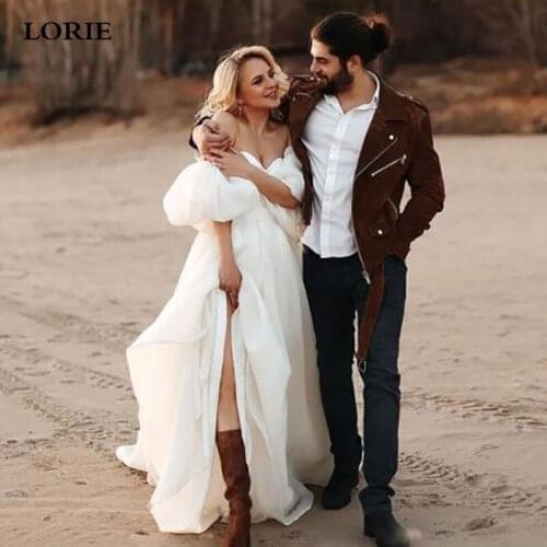 LORIE Satin A-Line Wedding Dresses Puff Sleeve Off The Shoulder Bridal Gowns Split Corset Wedding Gown vestido de noiva 2021