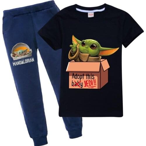 Mandalorian Baby Yoda Boy Girl Clothes Cartoon T-shirts + Pants Clothing Toddler Christmas Outfits Kids Bebes Jogging Suits