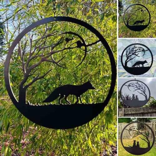 Metal Wall Art Statue Hanging Scenery Silhouette Decor Hollow Rural Style Animal Fox Cat Ornament for Home D1