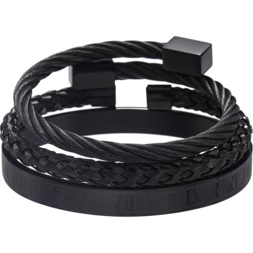 Stainless Steel Black Mulyiple Colors Not Smooth Big Wide Adjustable Cuffs 3pcs Charm Dainty Bangle Bracelet Set Gift For Unisex