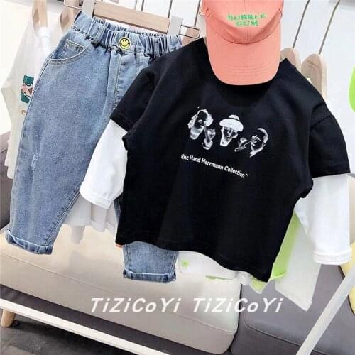 2021 New Kids T Shirts Spring Toddler Boys Long Sleeve Cotton T-shirt Childrens Fashion Print Fake Two Tee for Boy Baby Clothes