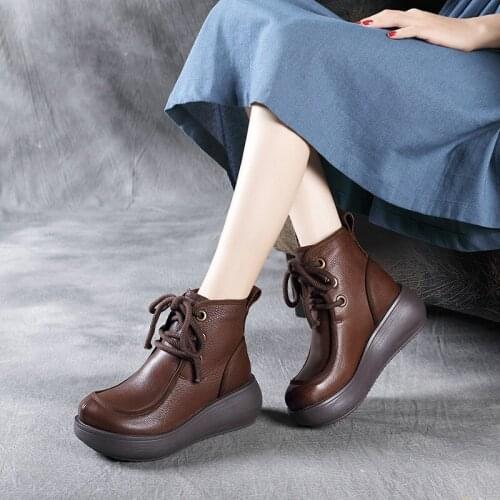 The First Layer of Cowhide Mid-tube Boots Spring and Autumn New Lace-up Martin Boots Genuine Leather Womens Shoes Boots Round