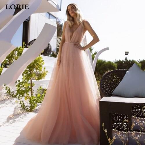 LORIE Nude Pink Beach Wedding Dresses Sexy V Neck Tulle A Line Bridal Gowns Romantic Backless Boho Princess Wedding Gowns