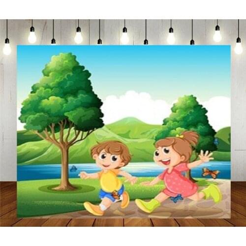Photo Studio Props Photography Backdrop Happy Energetic Kids Playing Near The River Cartoon Vinyl Background Birthday Party