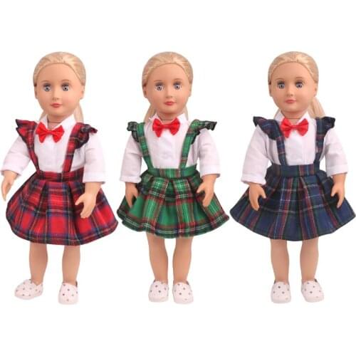 18 inch Girls doll clothes plaid school uniform dress bow shirt American newborn dress Baby toys fit 43 cm baby doll c817