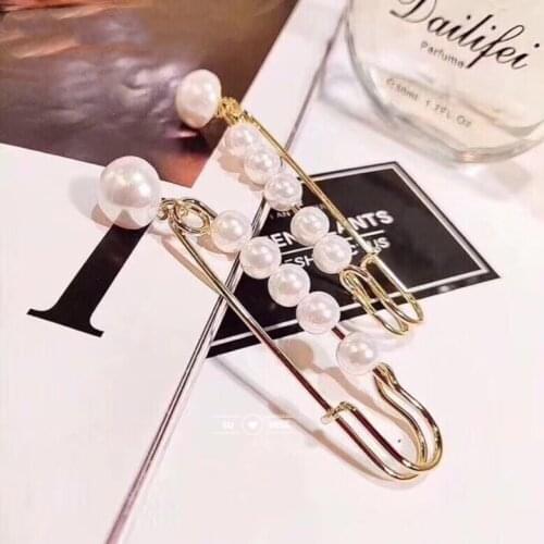 Free Shipping Unique Design Imitation Pearl CZ Paperclip Safety Pin Stud Earring for Women Girls Gold Punk Earrings Accessories