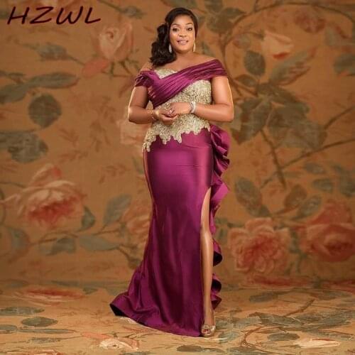 Grape Side Split Mermaid Evening Dresses One Shoulder Lace Appliques Rufflus Plus Size Prom Dress African Pleats платье вечернее
