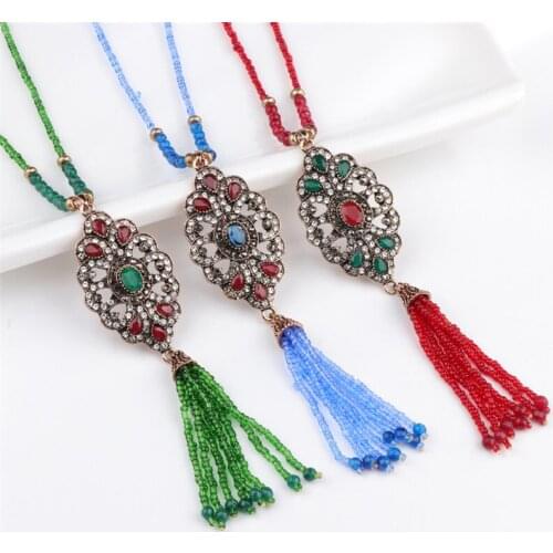 Vintage Strand Bead Pendant Necklace Crystal Women Antique Long Sweater Chain Turkish Bridal Indian Wedding Resin Beads Jewelry