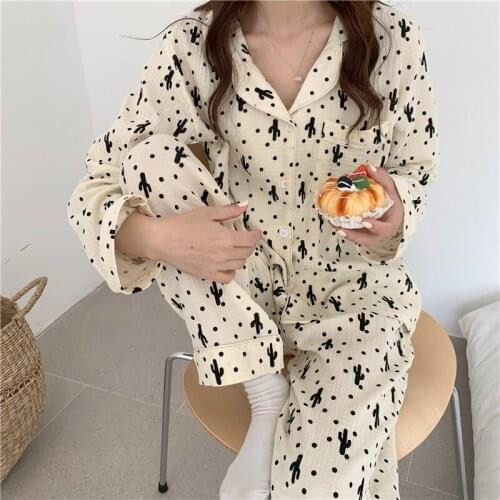 Gauze sleepwear soft korean chic cute print polka dot homewear long sleeve women pajama set home suit cotton cactus autumn Y959