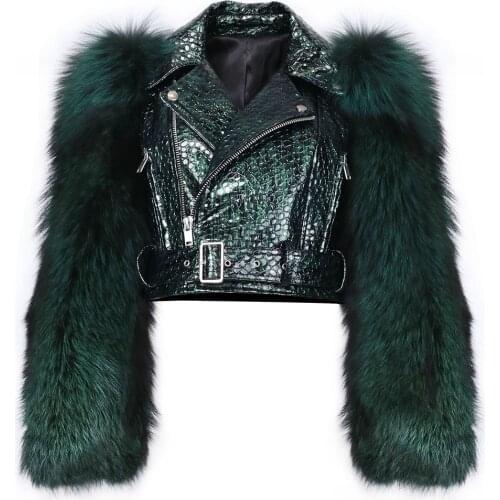 YOLOAgain Women Fox Fur Sleeve Crocodile Pattern Genuine Leather Biker Jacket Short